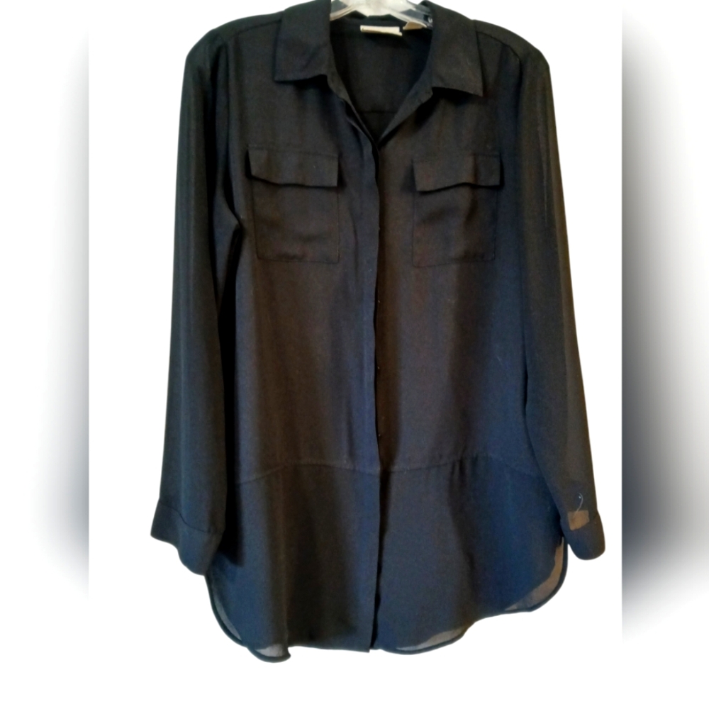 CHICO'S Black Semi Sheer Poly Soft Tailored Button Down BlouseTop  SZ 0